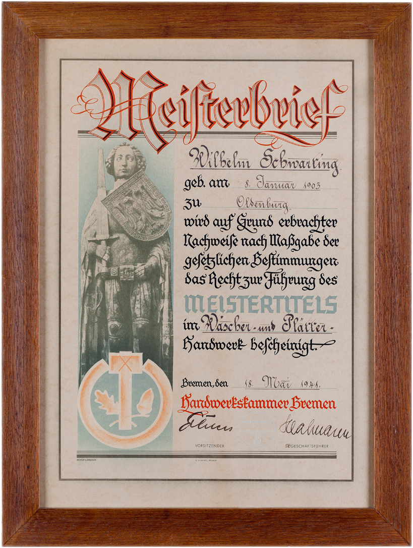 Meisterbrief von Wilhelm Schwarting